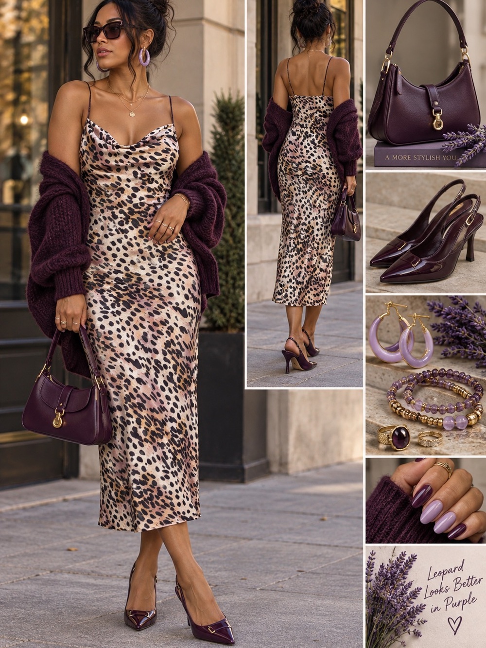 Good American Leopard-Print Midi Slip Dress in Neutral Tones w/hints of lavender